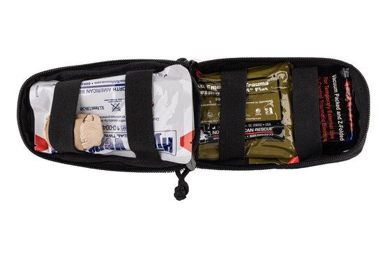 North American Rescue ROO- M-FAK Mini First Aid Kit with Combat Gauze LE in black uses elastic straps for gear organization